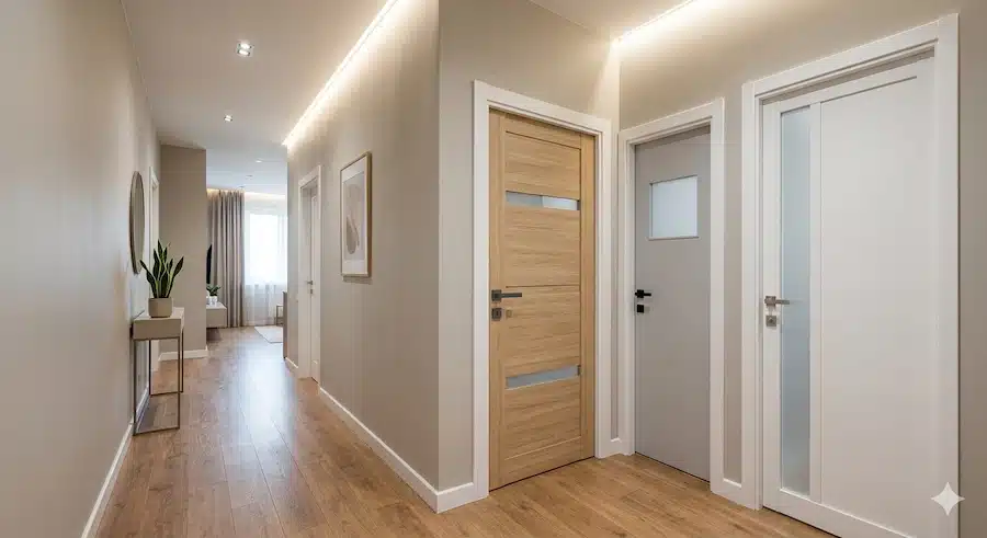 ممر داخلي حديث يحتوي على عدة أبواب PVC للغرف بتصاميم وألوان متناسقة.