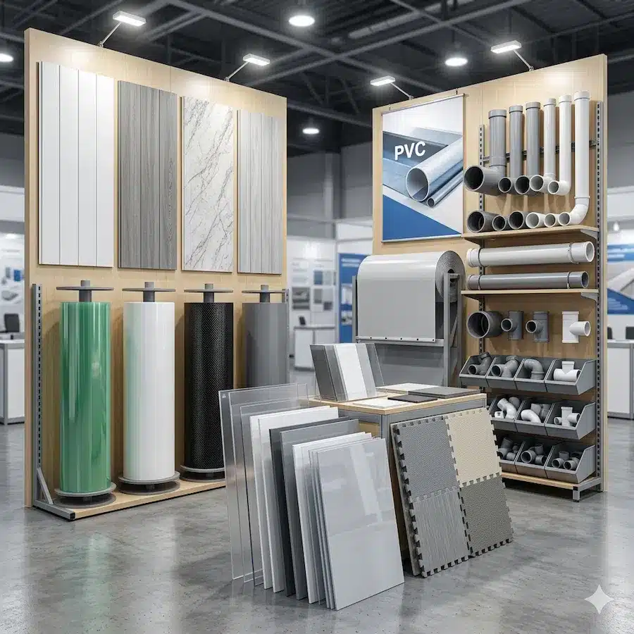صورة توضح أنواع مختلفة من PVC تشمل المواسير والقطاعات المستخدمة في البناء