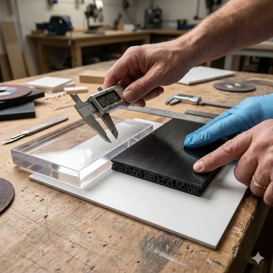 شخص يقوم بتقطيع لوح PVC باستخدام أداة مناسبة ضمن أعمال التشطيب