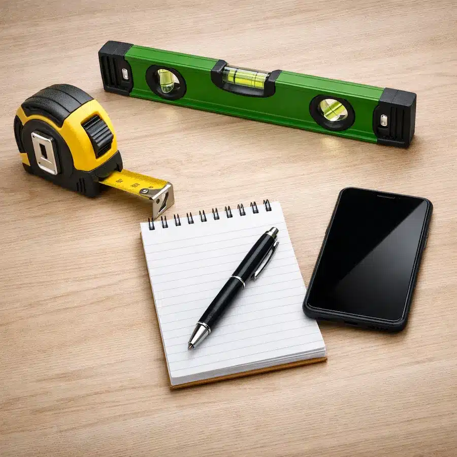 أدوات قياس الشبابيك تشمل شريط قياس معدني وميزان ماء وقلم وورقة وهاتف ذكي على سطح عمل