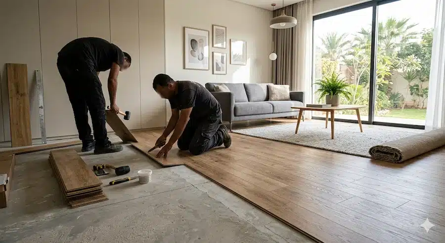 مهندس يحسب تكلفة مواد PVC باستخدام آلة حاسبة ومخططات وعينات مواد.