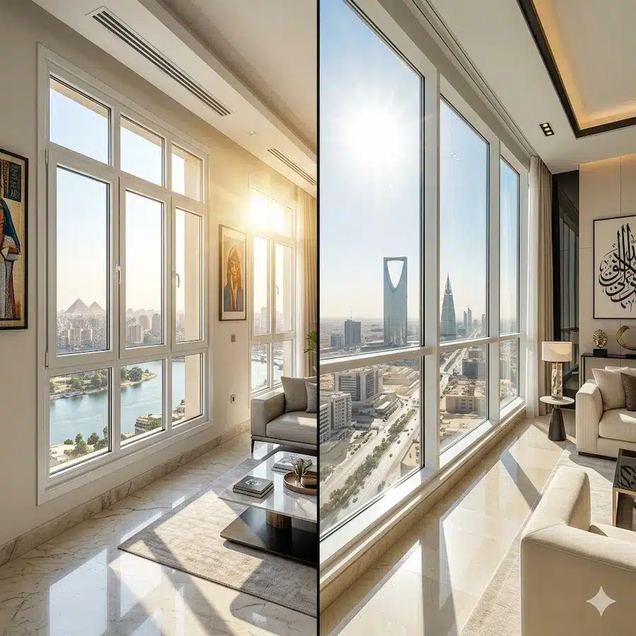 شبابيك PVC حديثة في منزل عصري بعزل حراري عالي