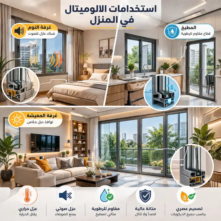 استخدام نوافذ وأبواب ألوميتال مختلفة داخل المنزل حسب الغرف