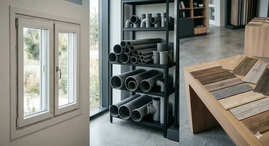 مقارنة بصرية بين نافذة uPVC ومواسير PVC وعينات أرضيات PVC داخل معرض مواد بناء.