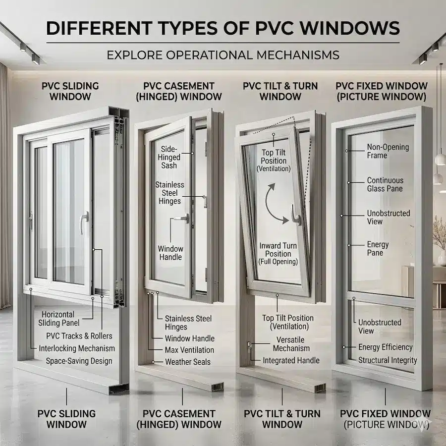 أنواع شبابيك PVC المختلفة (جرار - مفصلي - قلاب)