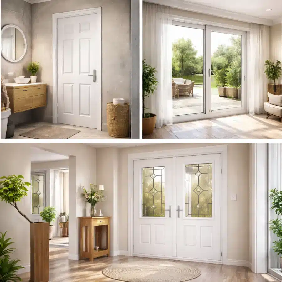 أبواب UPVC مستخدمة في الحمام والبلكونة والمدخل داخل منزل حديث