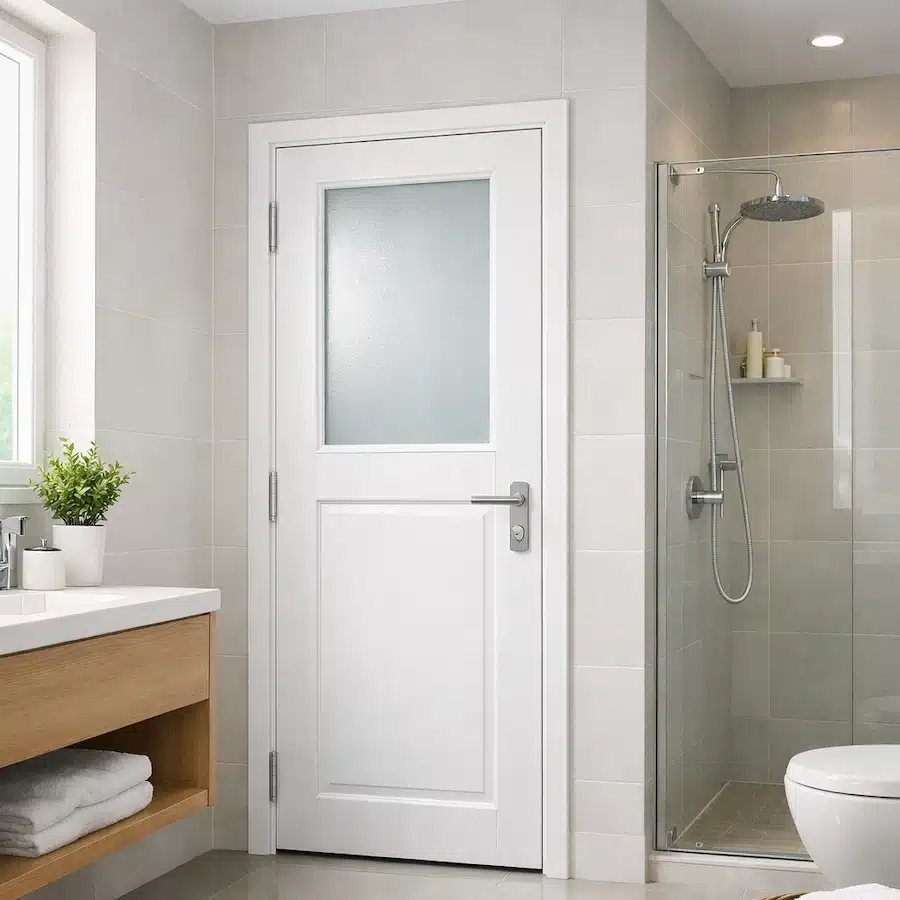 باب حمام uPVC أبيض في حمام عصري مقاوم للماء والرطوبة