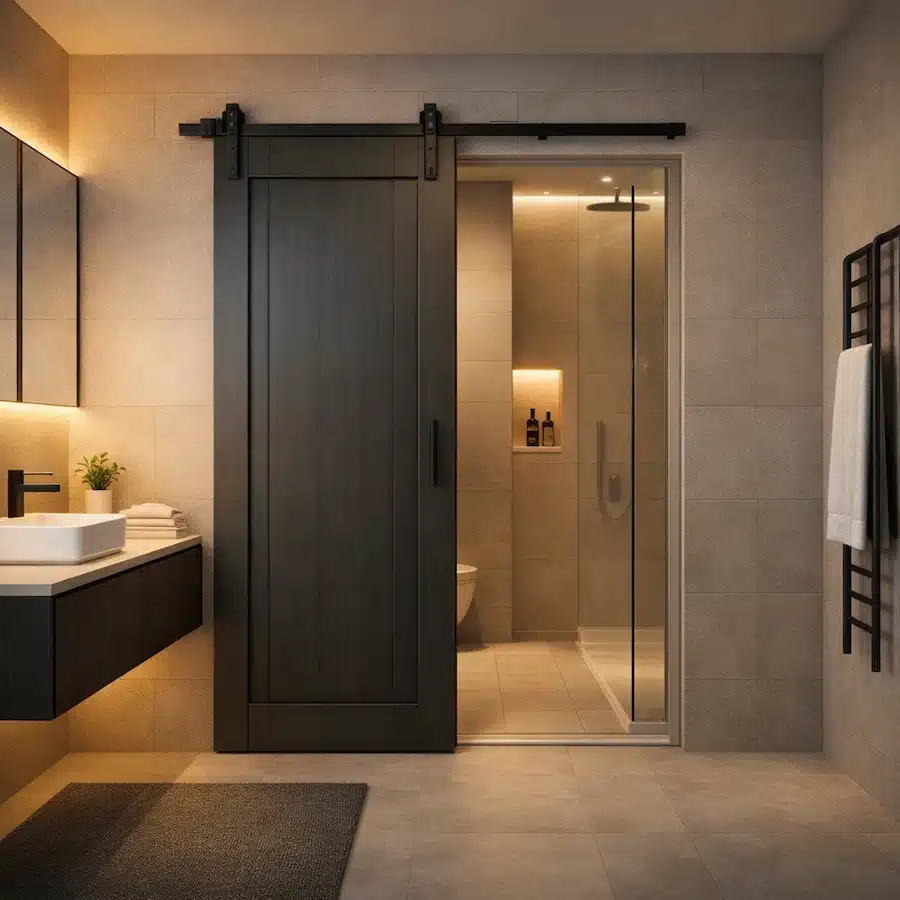 باب حمام منزلق مودرن باللون الرمادي مع تصميم داخلي عصري