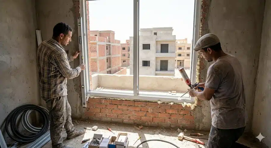 عمال يركبون نافذة uPVC داخل شقة مصرية