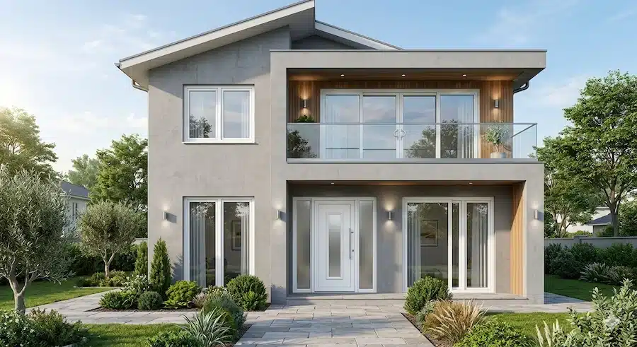 واجهة منزل حديثة مزودة بشبابيك وأبواب uPVC تركية بيضاء بتشطيب عصري.