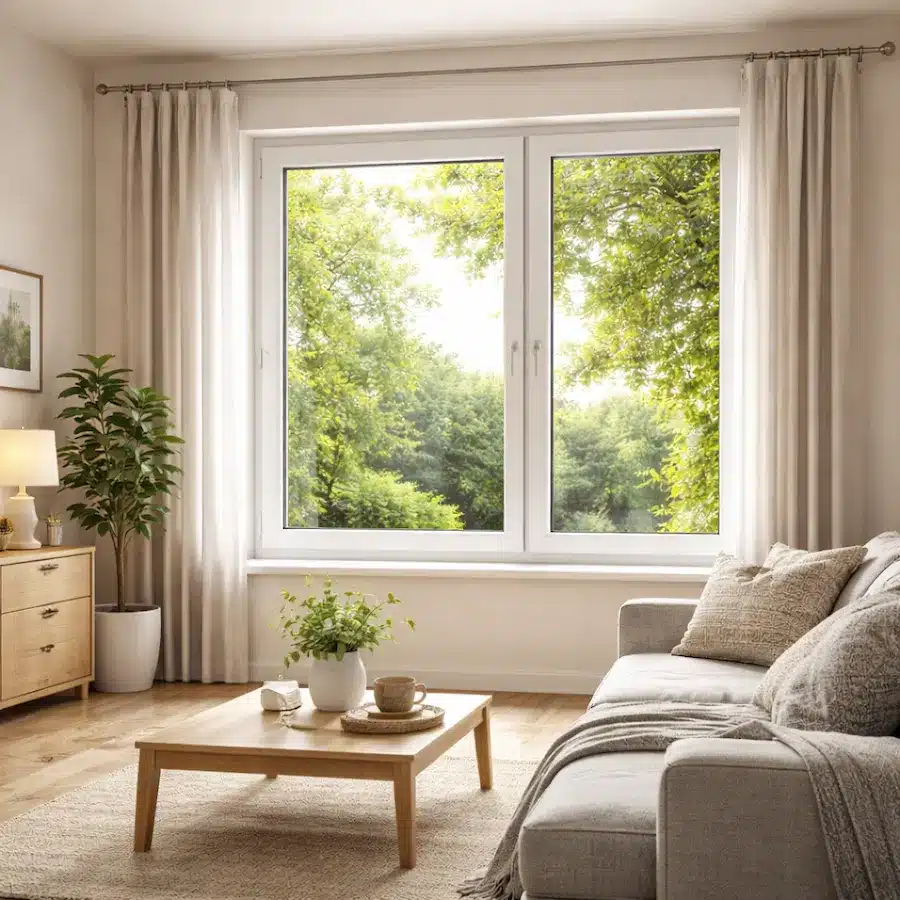 شباك UPVC بزجاج مزدوج داخل غرفة معيشة يوفر عزل حراري وصوتي