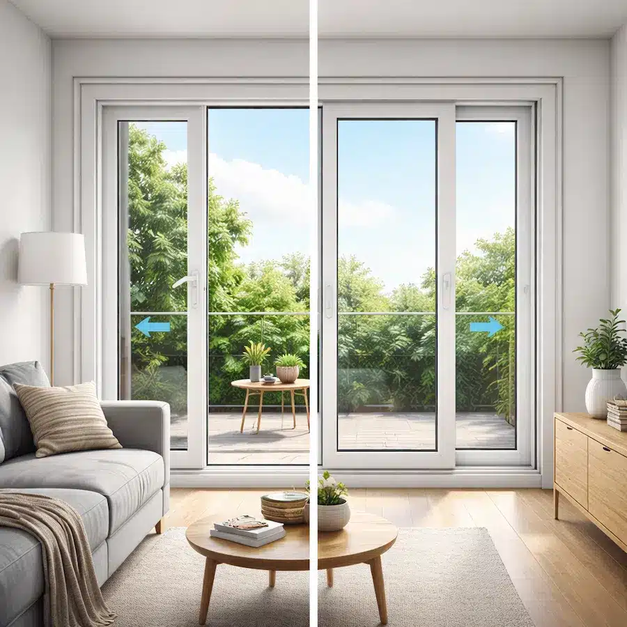 شباك UPVC جرار في غرفة حديثة يظهر آلية الانزلاق وتوفير المساحة بدون فتح داخلي