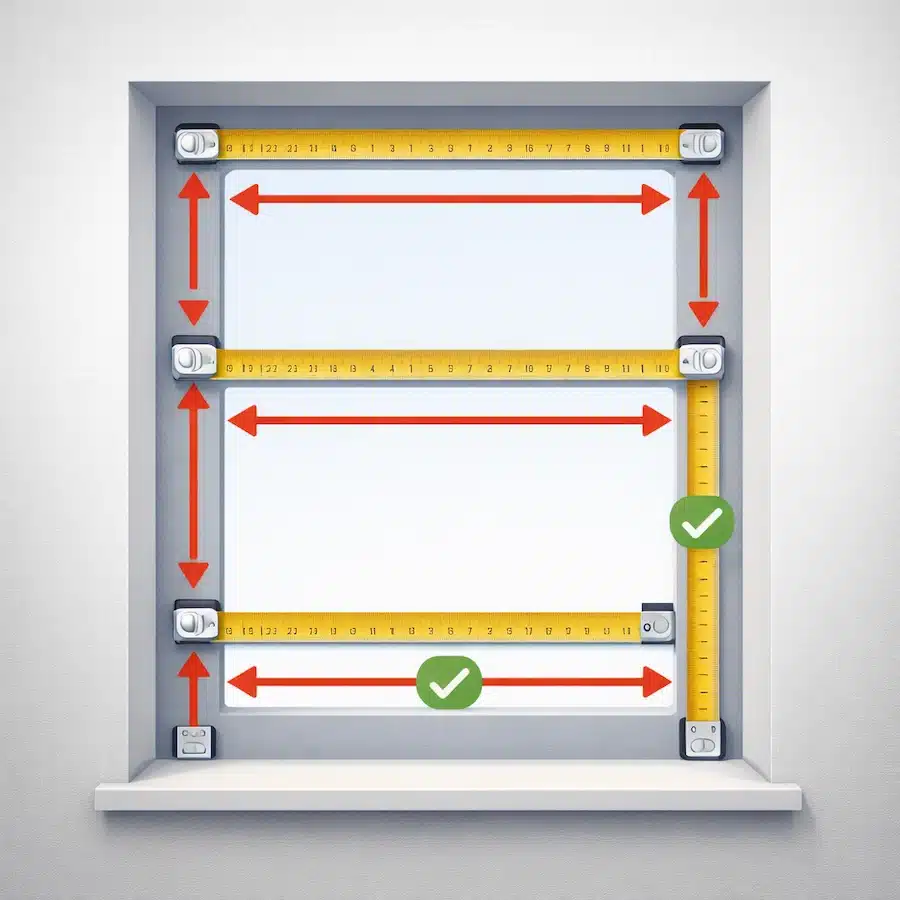 رسم توضيحي يوضح قياس عرض وارتفاع الشباك من ثلاث نقاط واختيار أصغر قياس