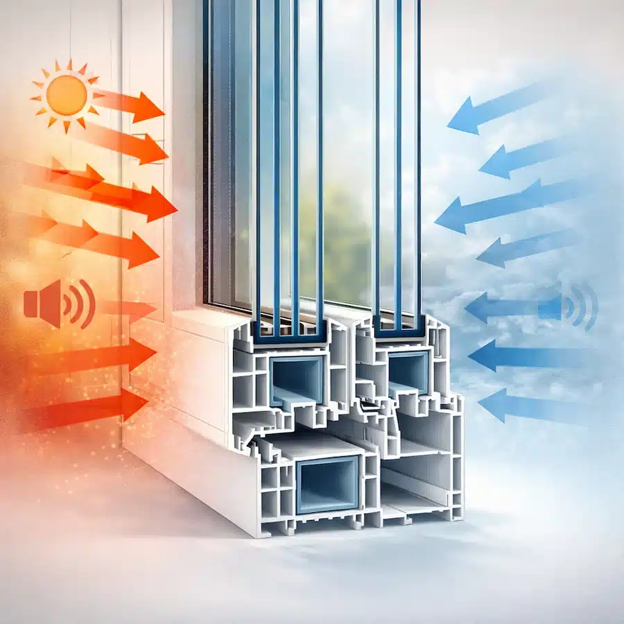 مقطع عرضي لشباك UPVC يوضح العزل الحراري والصوتي وغرف الهواء