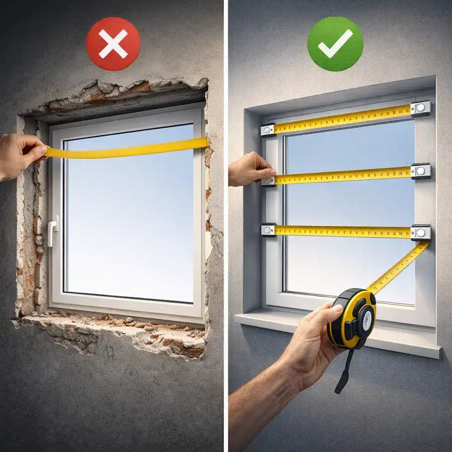 مقارنة بين قياس خاطئ للشباك يسبب فجوات وقياس صحيح يضمن تركيب مثالي بدون مشاكل