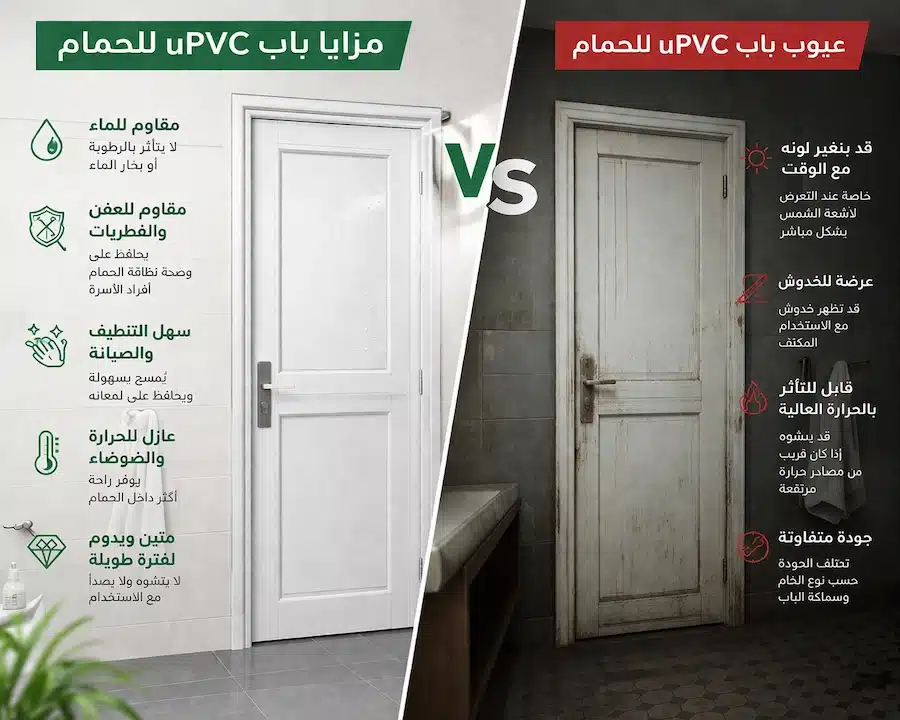 مقارنة بين مزايا وعيوب باب uPVC للحمام مع توضيح التحمل والخدوش