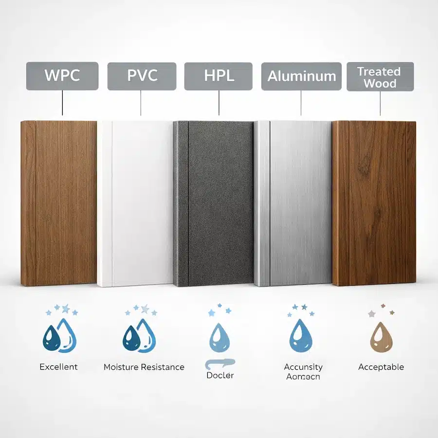 مقارنة بين خامات أبواب الحمام مثل WPC وPVC والألمنيوم والخشب