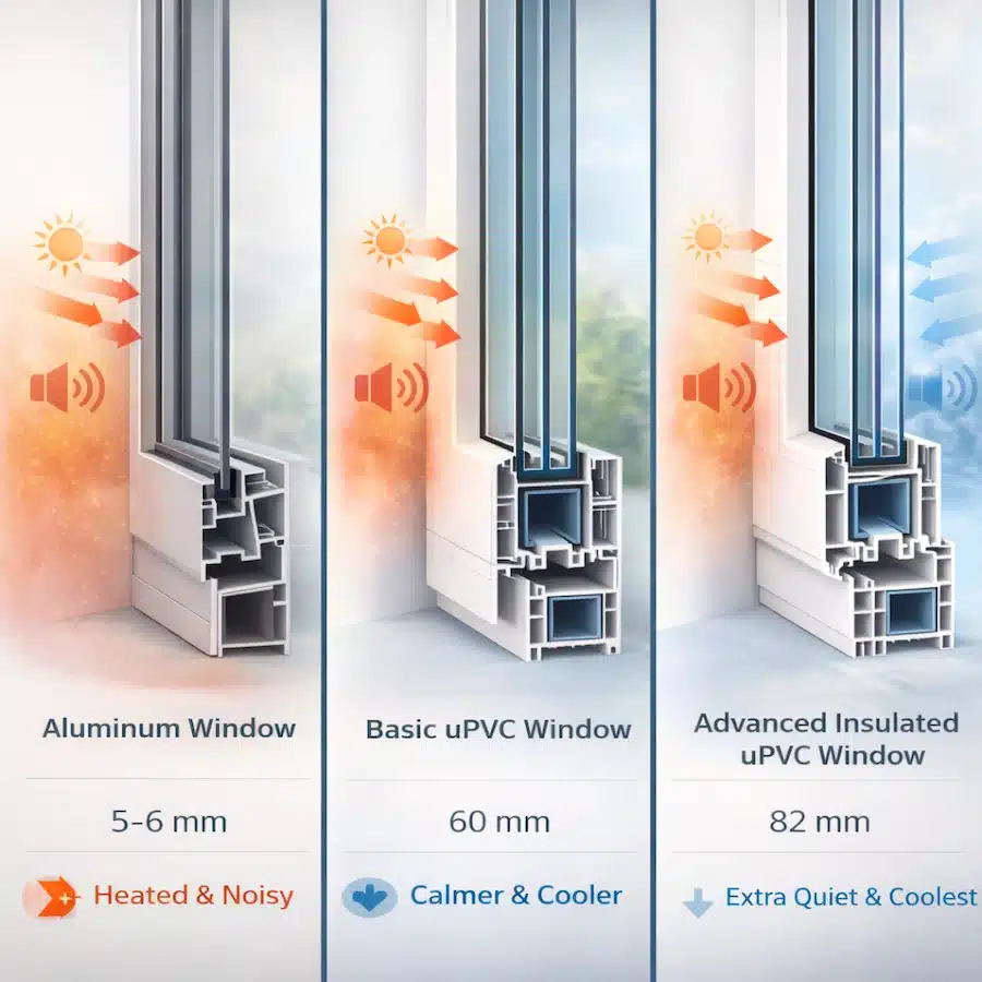 مقارنة بين شباك ألومنيوم وUPVC في العزل الحراري والصوتي