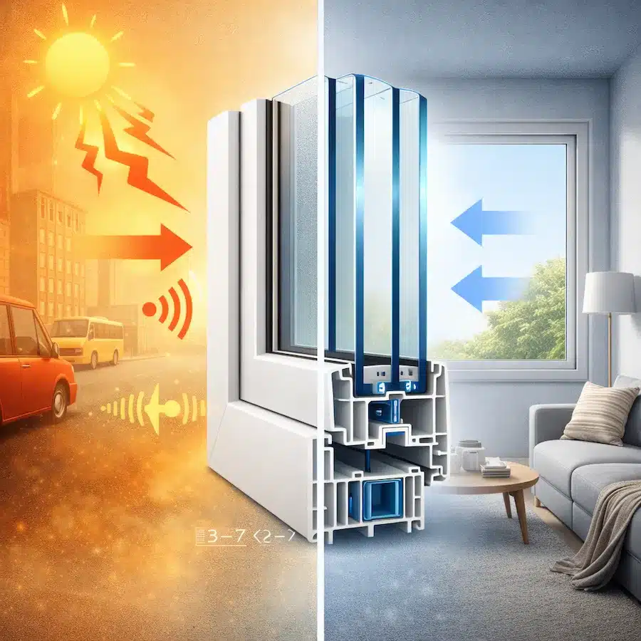 مقطع عرضي لشباك UPVC يظهر الغرف الهوائية والزجاج المزدوج مع منع دخول الحرارة والضوضاء