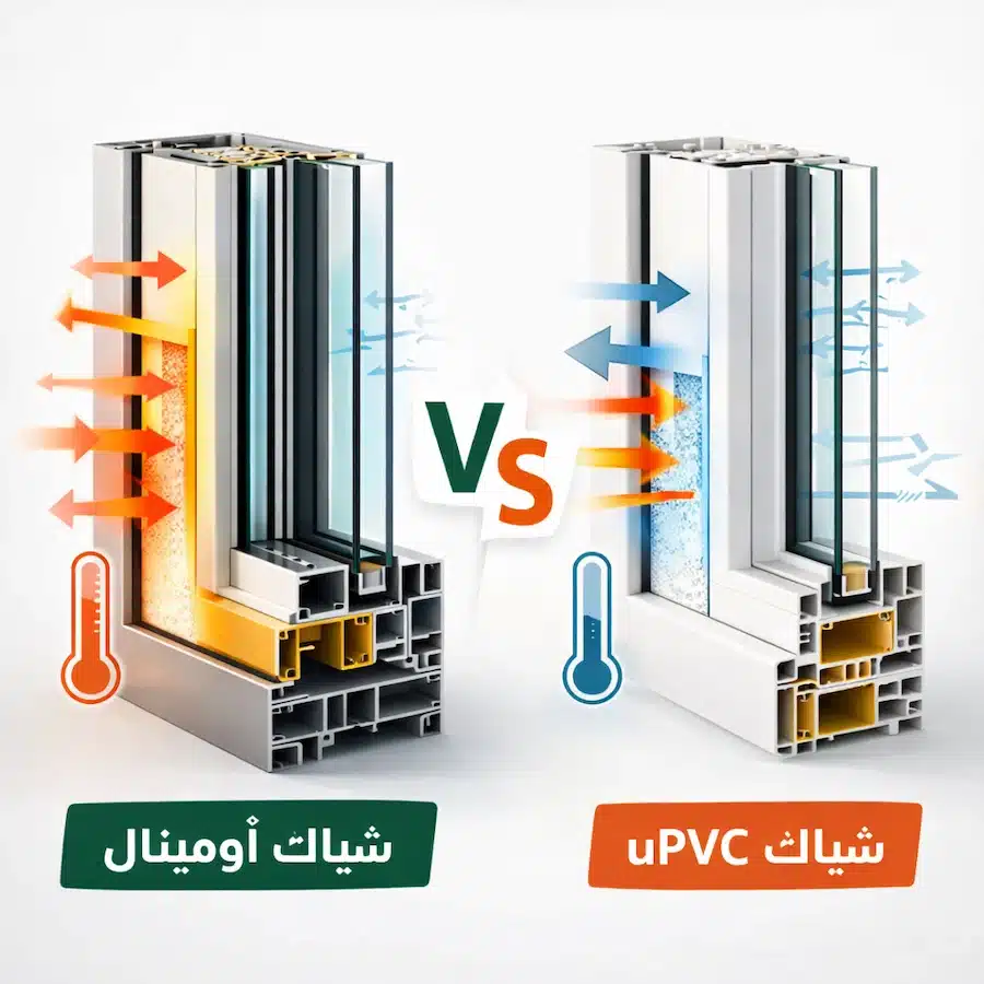 مقارنة عزل الحرارة والصوت بين شباك الألوميتال وشباك PVC