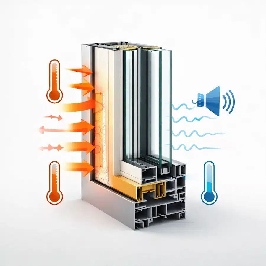 مقطع عرضي لقطاع ألوميتال يوضح الفاصل الحراري والعزل الحراري والصوتي