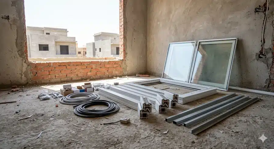 أجزاء نافذة uPVC مفككة قبل التركيب