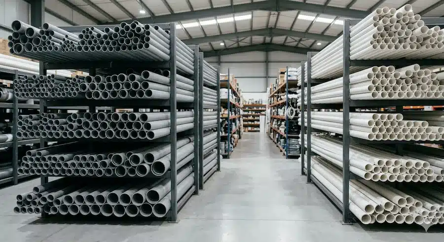 مواسير PVC وUPVC بأحجام مختلفة داخل مخزن منظم لمواد السباكة والكهرباء.