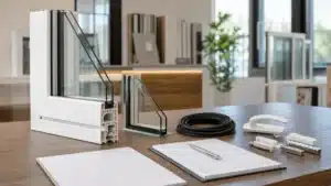 عينات شبابيك UPVC وزجاج دبل وأوراق مراجعة عرض سعر على مكتب عرض حديث
