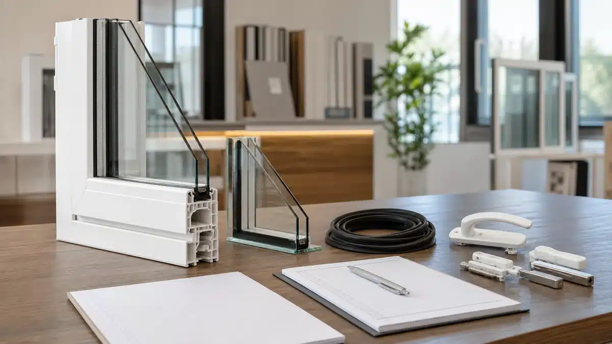 عينات شبابيك UPVC وزجاج دبل وأوراق مراجعة عرض سعر على مكتب عرض حديث