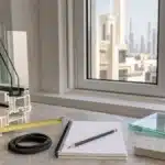نافذة UPVC حديثة مع دفتر قياس وعينات زجاج وقطاع قبل التركيب