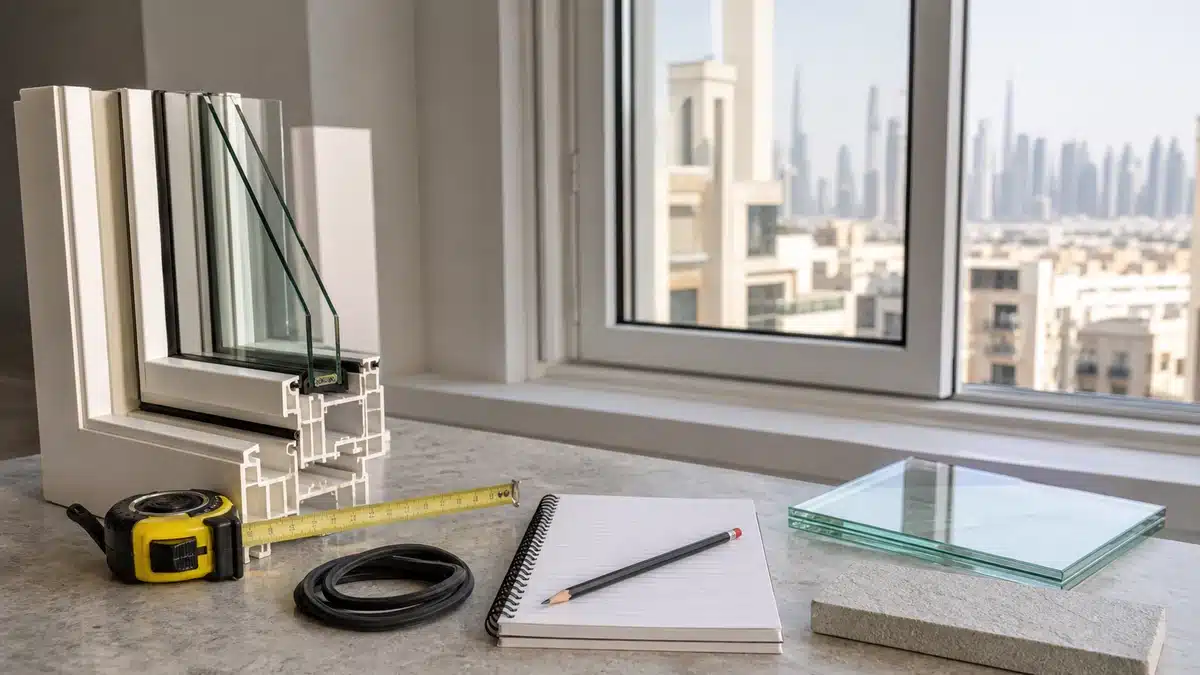 نافذة UPVC حديثة مع دفتر قياس وعينات زجاج وقطاع قبل التركيب