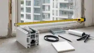 قياس فتحة نافذة قبل تركيب UPVC مع قطاع وزجاج وجوانات وأدوات فحص آمنة