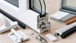 تفاصيل قطاع UPVC وزجاج دبل ومفصلة وجوان مطاطي وإكسسوارات نافذة